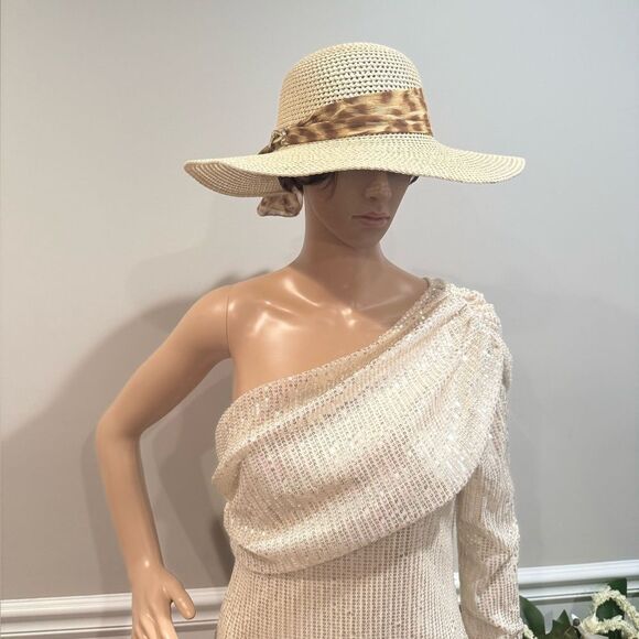 NWOT Straw Cream Wide Brim Hat with Leopard Band - Picture 1 of 4